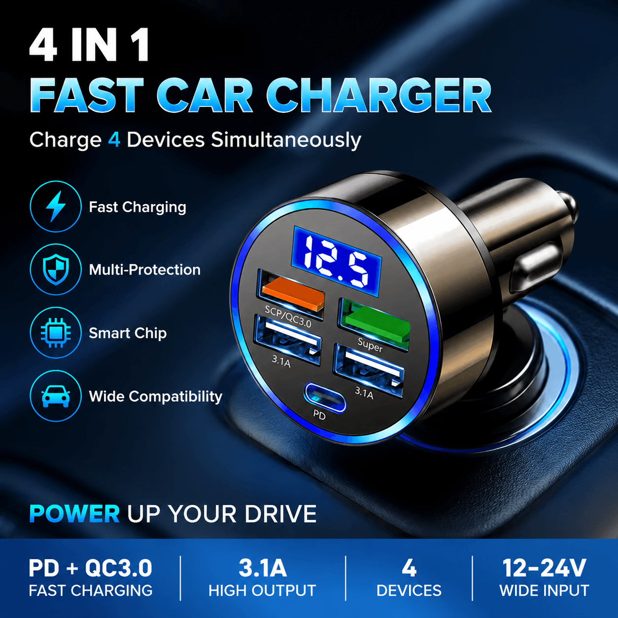 Carregadores De Carro De Tensão Digital USB QC3.0 PD Adaptador De Isqueiro De Carregamento Rápido