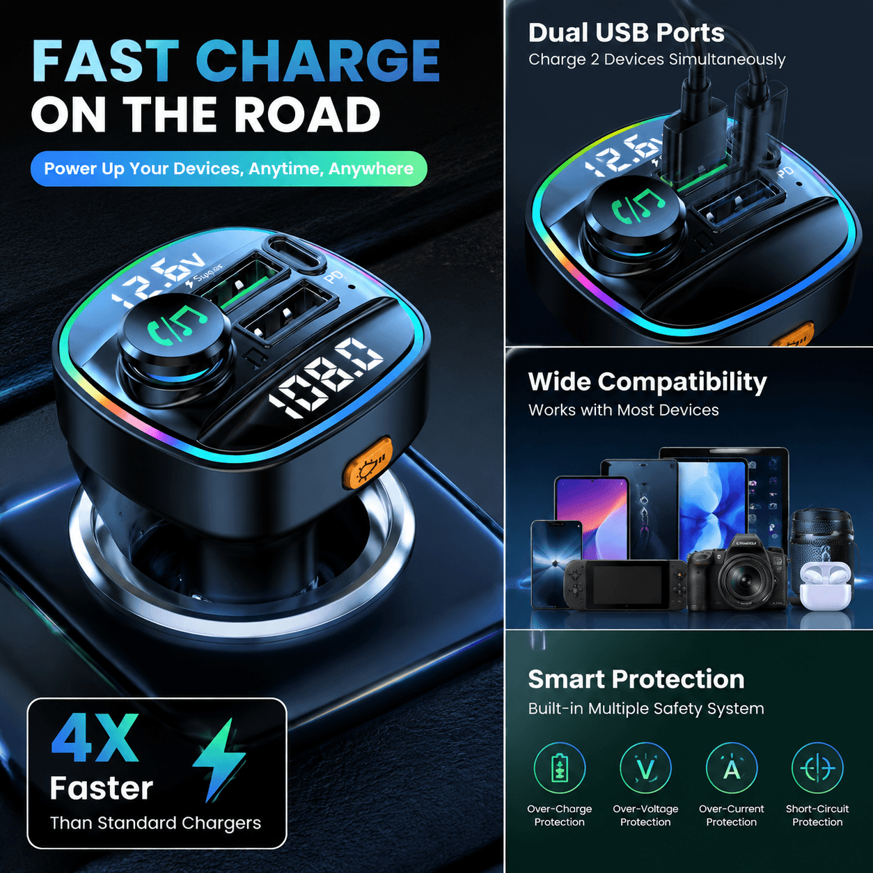 Transmissor Bluetooth 5.3 FM, MP3 Player para Carro Mãos-Livres & Carregador Veicular Super Rápido 22,5W