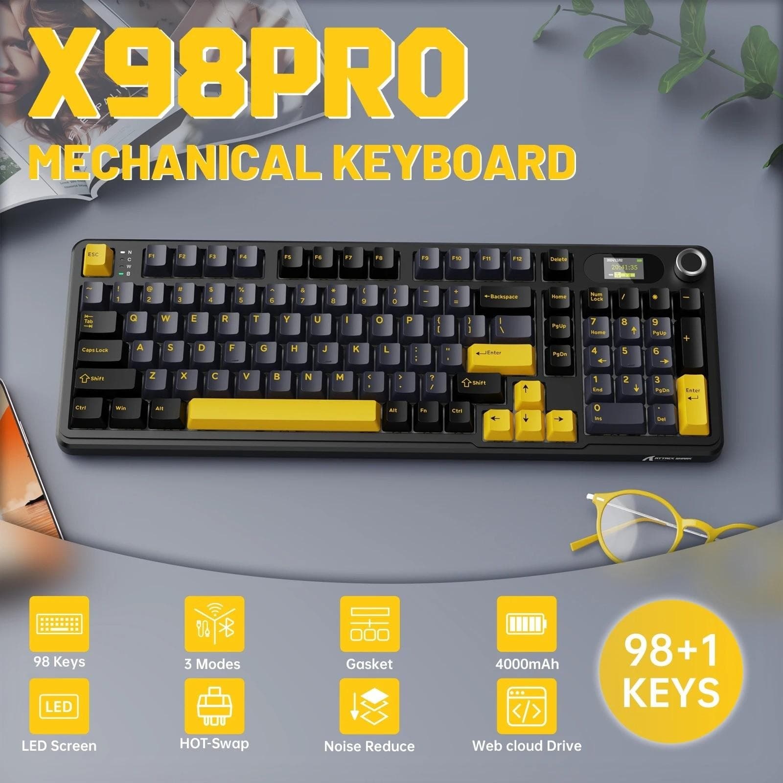 Teclado Mecânico Tri-Modo ATTACK SHARK X98 Pro, Estrutura em Gaxeta Swap a Quente, Tela TFT, Teclado Gamer RGB