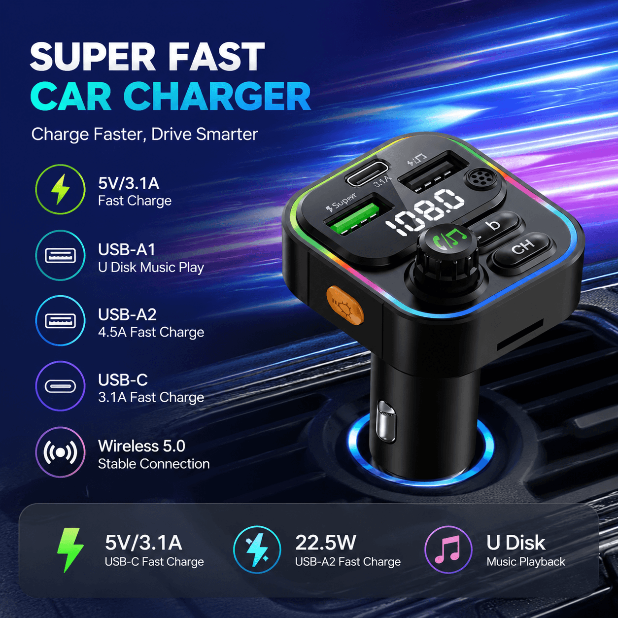 Carregador Veicular Transmissor FM, Suporte para Cartão TF e Disco U, MP3 Player Veicular com Dupla USB e Tipo C, Kit