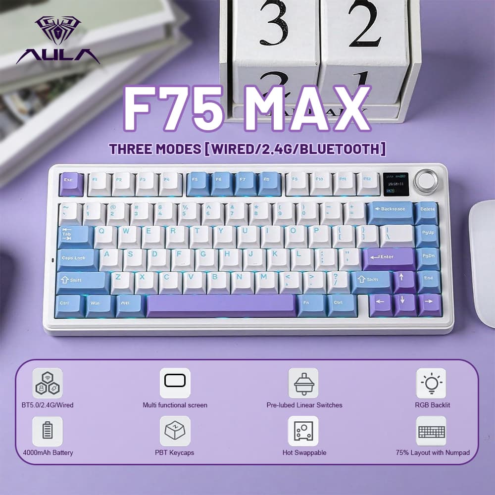 AULA F75 Max Teclado Mecânico Gamer Tri-Mode 75%, Interruptores Reaper substituíveis, Lubrificados de Fábrica, Teclado