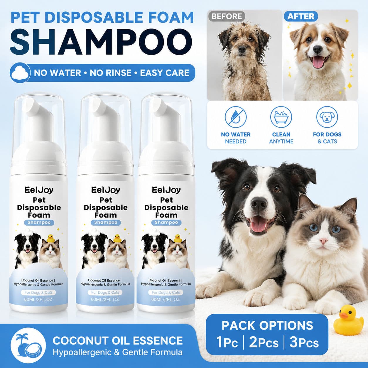 Shampoo em Espuma Sem Água para Animais de Estimação – Limpador de Aloe Vera e Coco Sem Enxágue para Cães e Gatos – 60