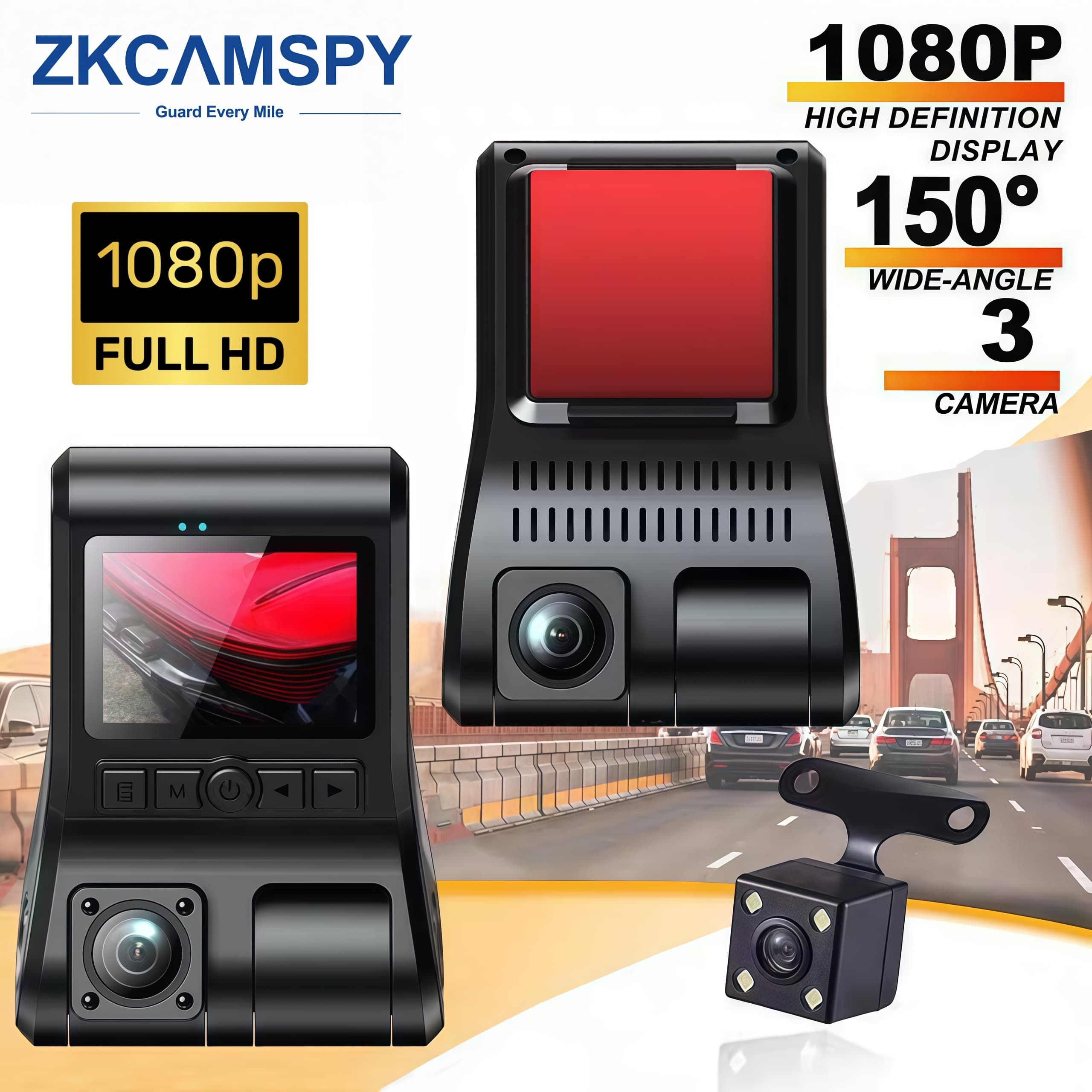 Carro DVR Dash Cam Com Lente De 3 Canais Full HD 1080P Dentro Do Gravador De Vídeo De Visão Traseira
