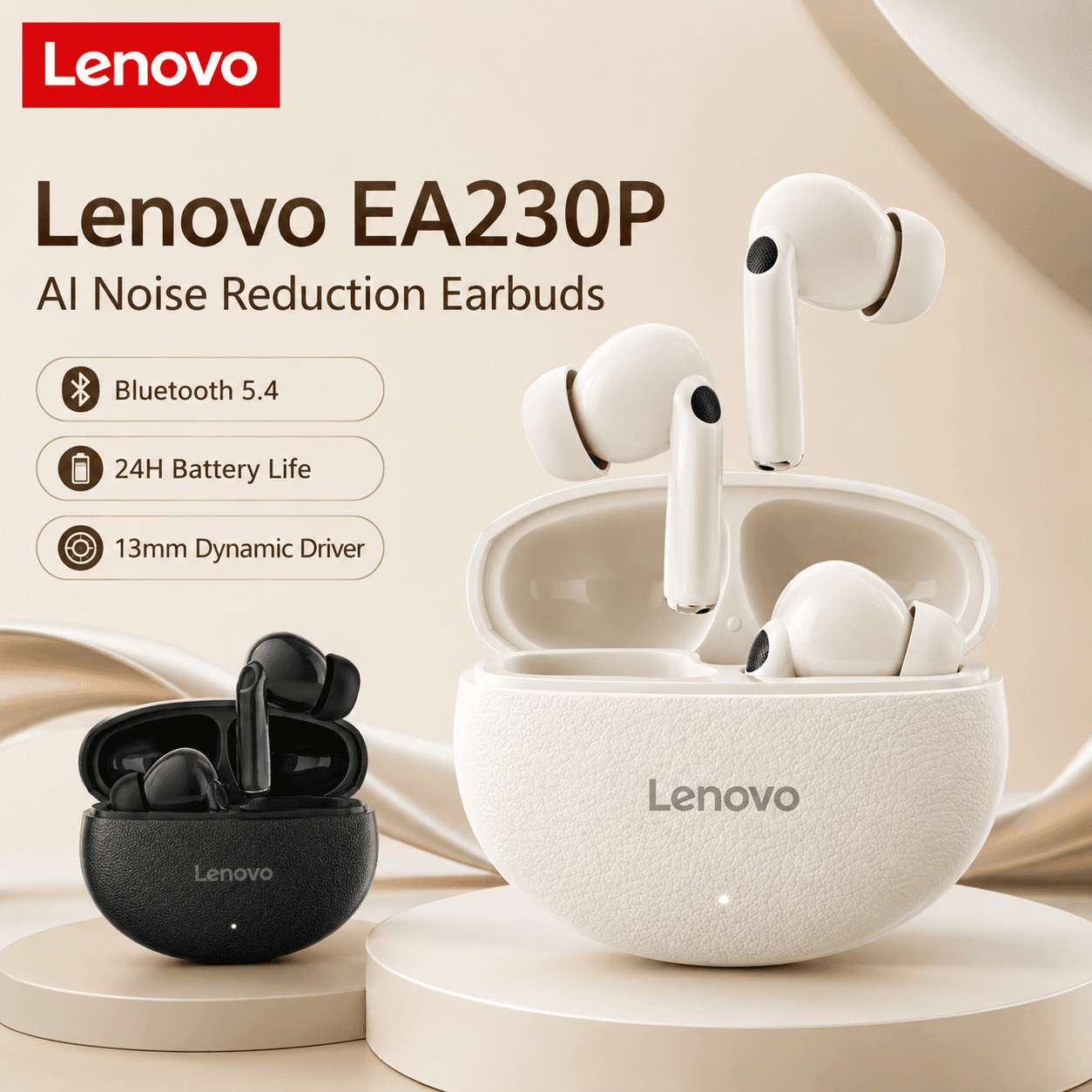 Fones de Ouvido Bluetooth Lenovo EA230P, Fones de Ouvido Sem Fio com Microfone, Redução de Ruído AI ENC, Bluetooth 5.4,