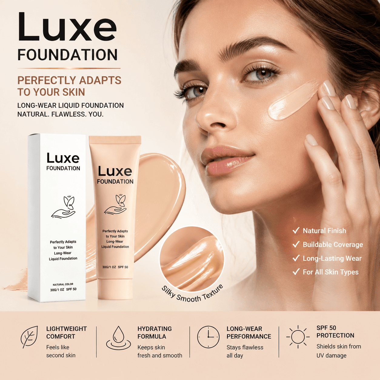 Base Líquida de Longa Duração com Protetor Solar SPF 50, Cobertura Média, Hidratante, Adaptável ao Tom Natural da Pele,