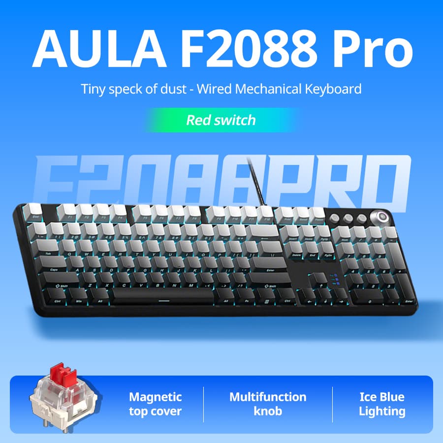 Teclado Mecânico AULA F2088pro – 108 teclas com design gradiente impresso nas laterais, switches vermelhos, teclado