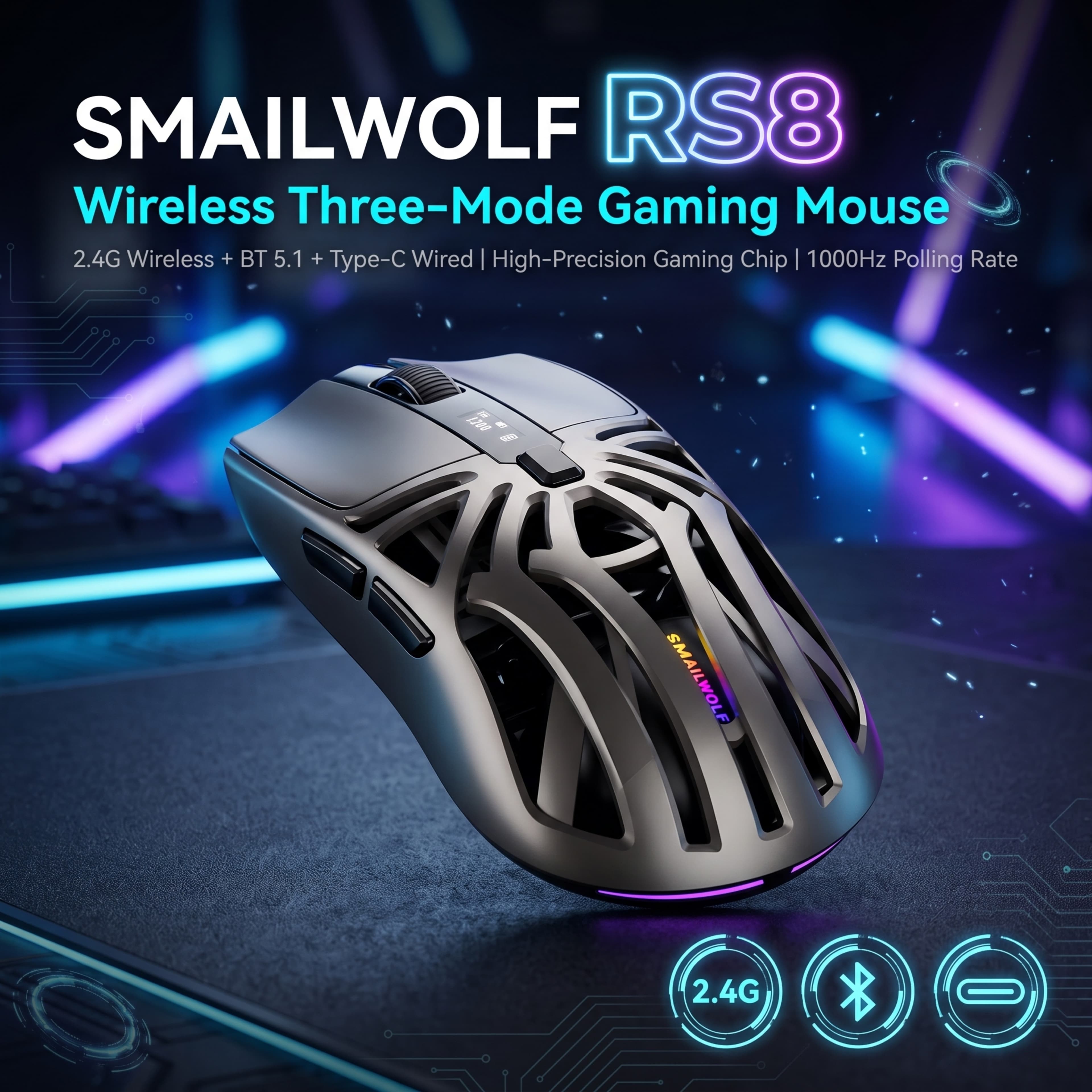 SMAILWOLF RS8 Mouse Gamer Sem Fio Tri-Modo Chip Gamer de Alto Desempenho BT5.1 2.4G Tipo-C Com Fio 6 Teclas 1200-24000