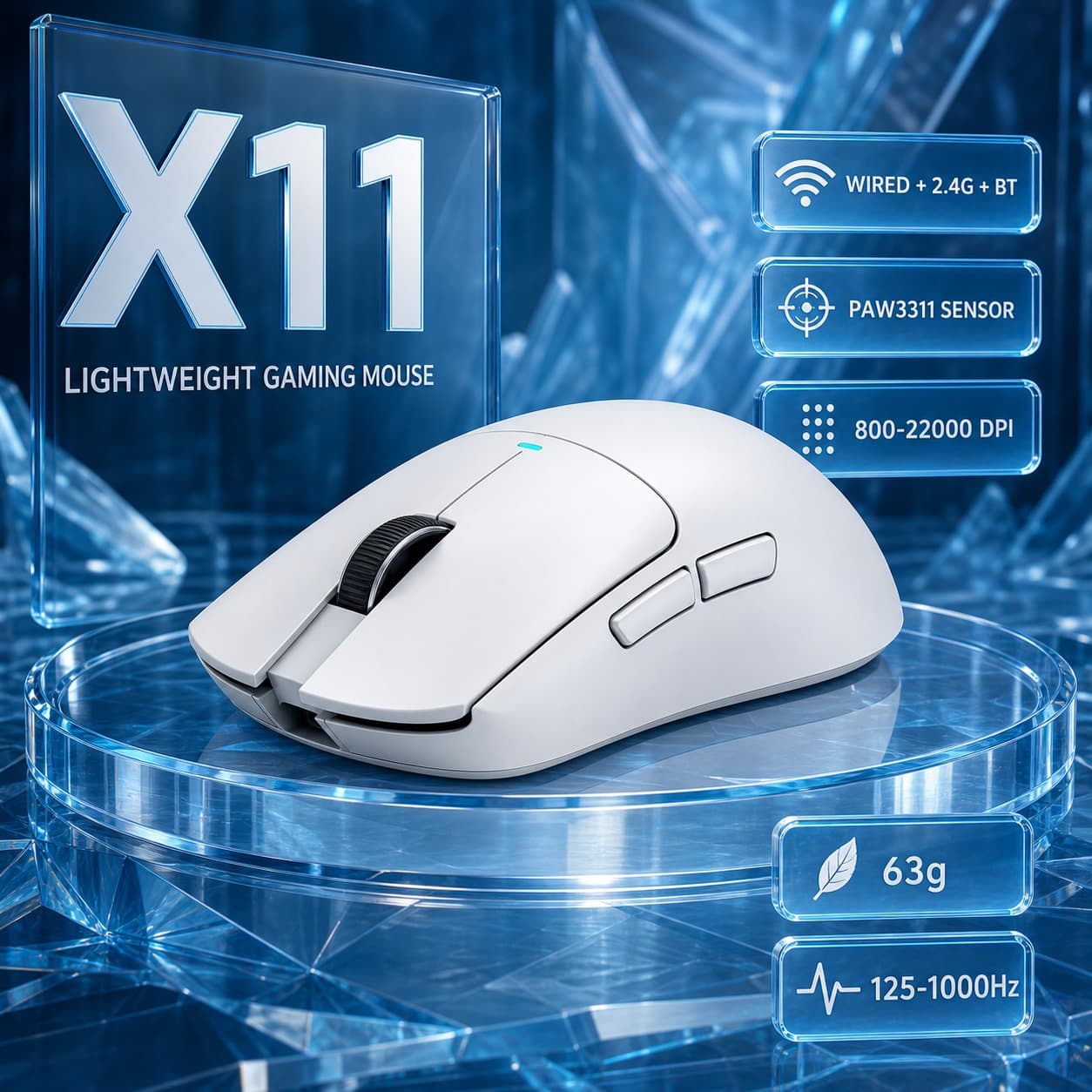 Mouse Gamer Attack Shark X11 com Fio e Sem Fio, 3 Modos, Sensor Óptico PixArt PAW3311, até 22000 DPI, Taxa de Polling