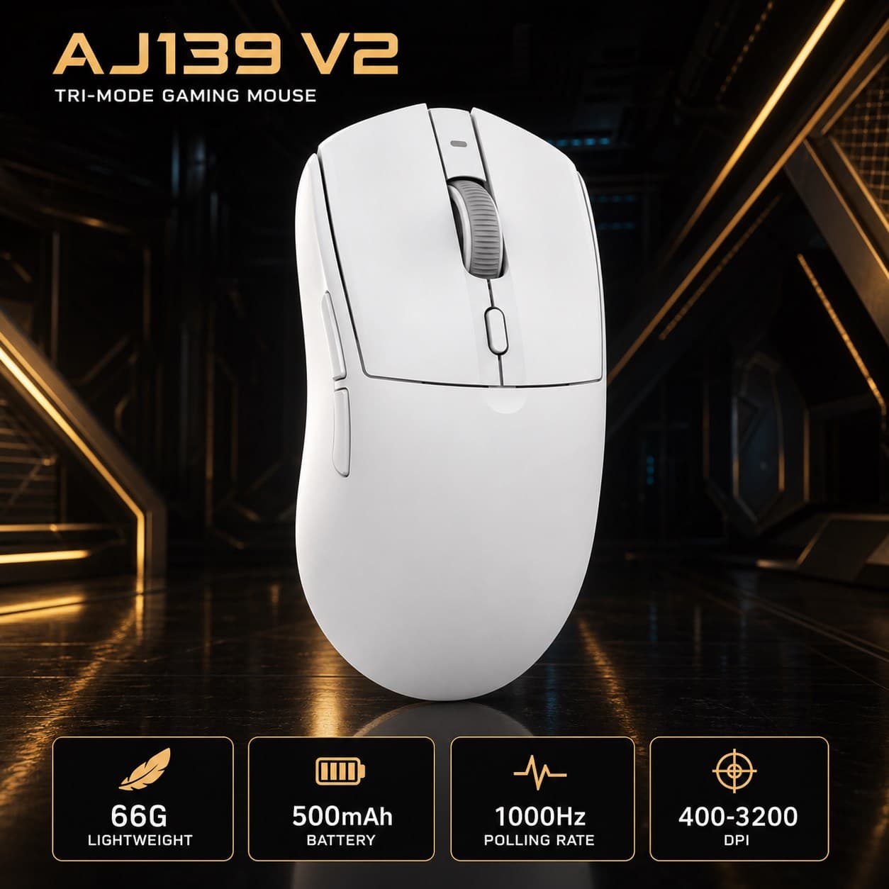 Mouse Gamer Sem Fio AJAZZ AJ139 V2 66g Ultraleve 2.4G/Bluetooth/USB‐C com fio, sensor PAW3311/PAW3395, bateria