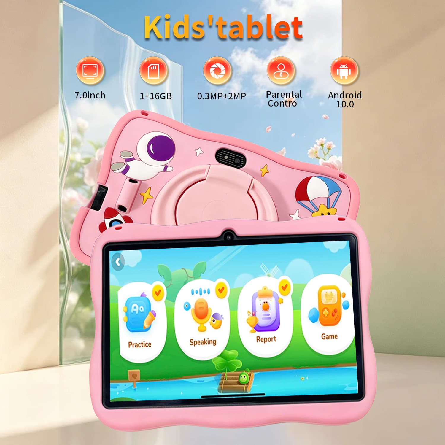 Tablet infantil 7 polegadas com Wi-Fi, Bluetooth e sistema Android, tablet inteligente super resistente