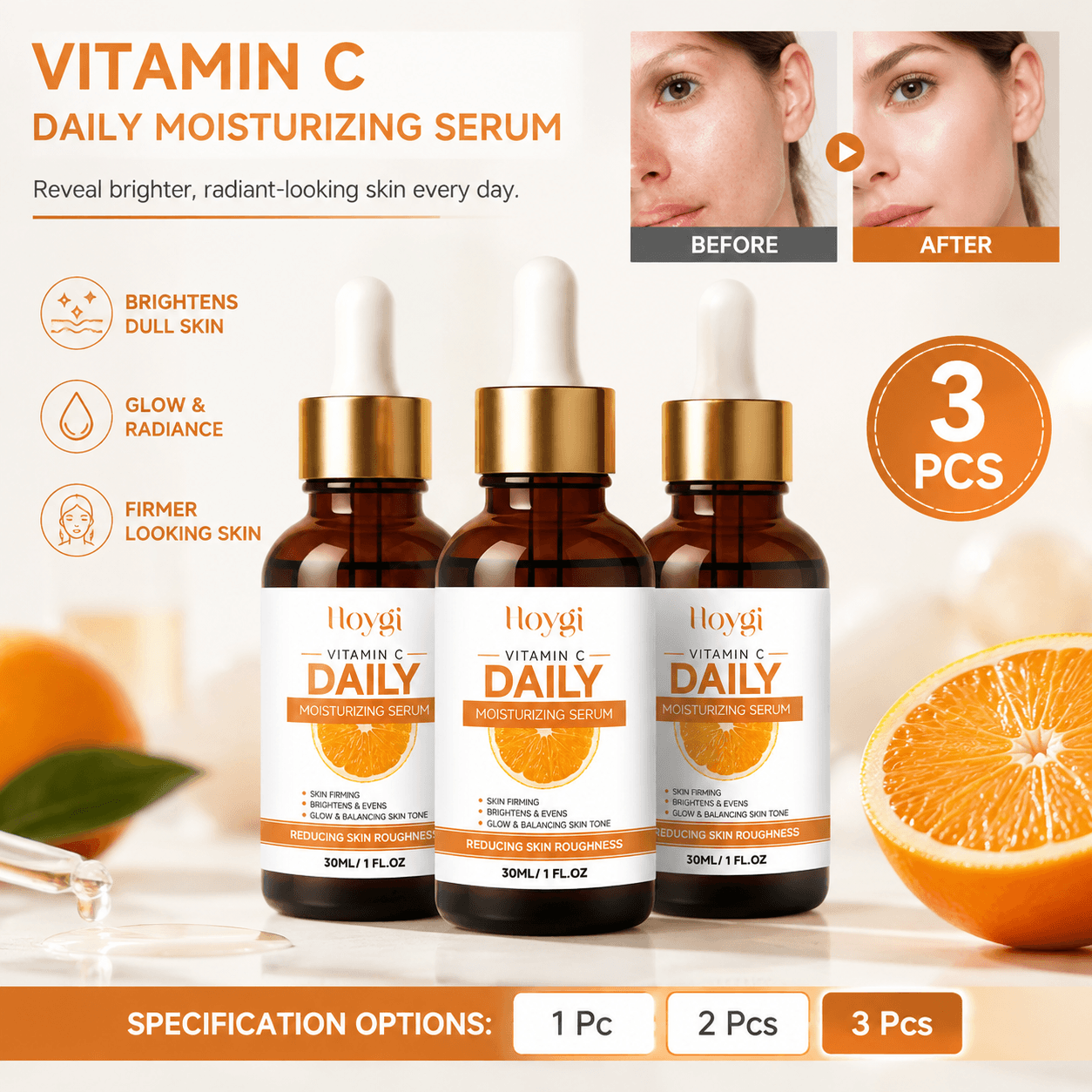 Clareador de Vitamina C 30ml – Ácido Ascórbico & Niacinamida, Hidrata e Uniformiza o Tom da Pele para um Brilho Natural,