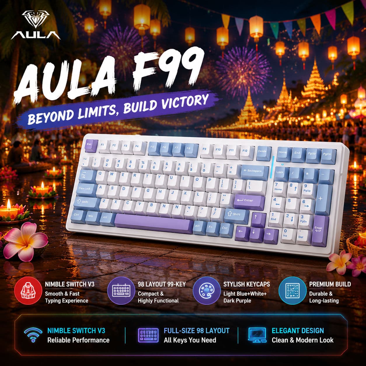 Teclado Mecânico para Jogos AULA F99 RGB Interruptores Substituíveis a Quente, Teclado Sem Fio 99 Teclas, Layout para PC