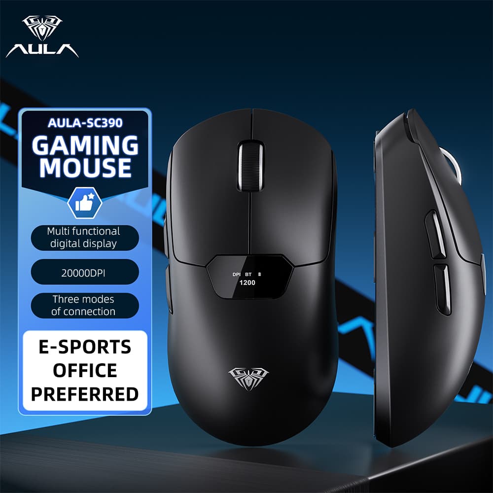 Mouse Gamer Leve SC390 com Tela de Exibição | Mouse Sem Fio 2.4G/USB-C/BT, Bateria 400mAh, DPI Ajustável até 20.000,