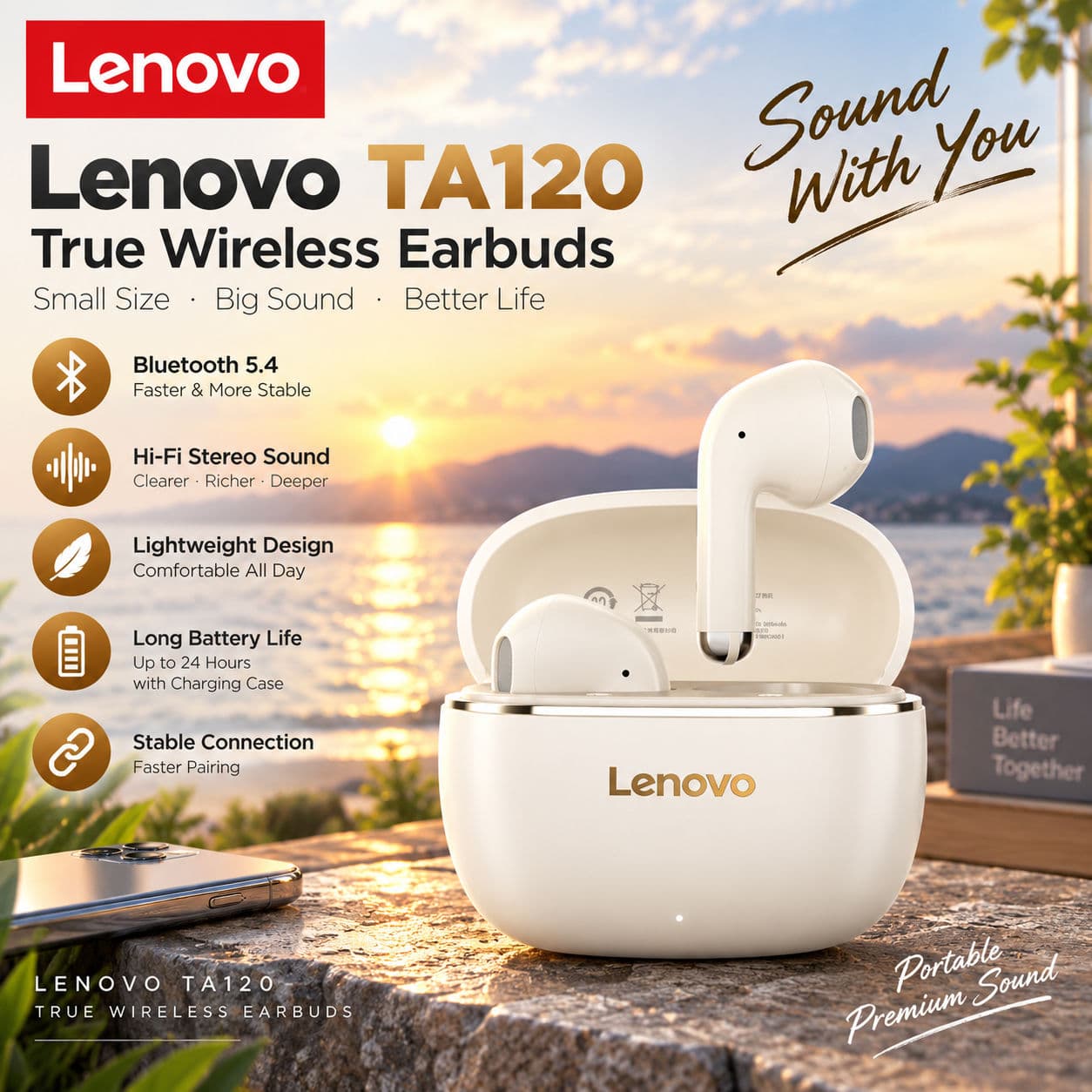 Fones de ouvido Lenovo TA120 5.4, fones Bluetooth 5.4 100W, fones de ouvido de venda quente, cancelamento de ruído, com
