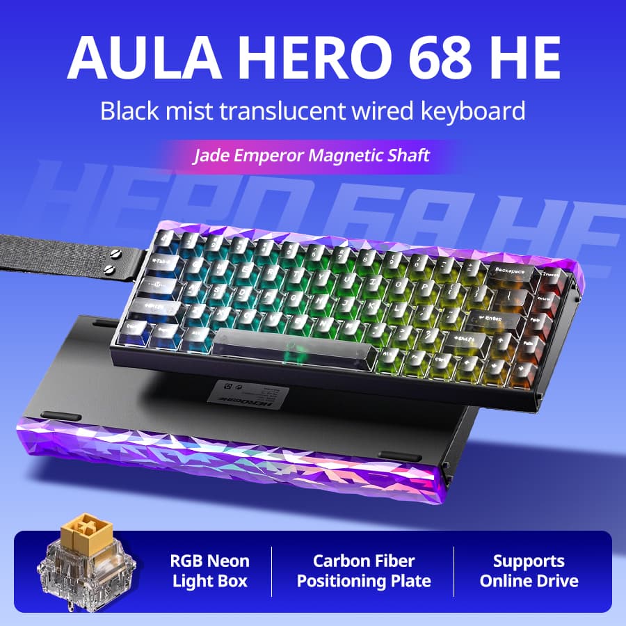 Teclado para jogos mecânico com fio AULA HERO 68HE, teclado mecânico personalizado para notebook, 68 teclas, RGB, preto