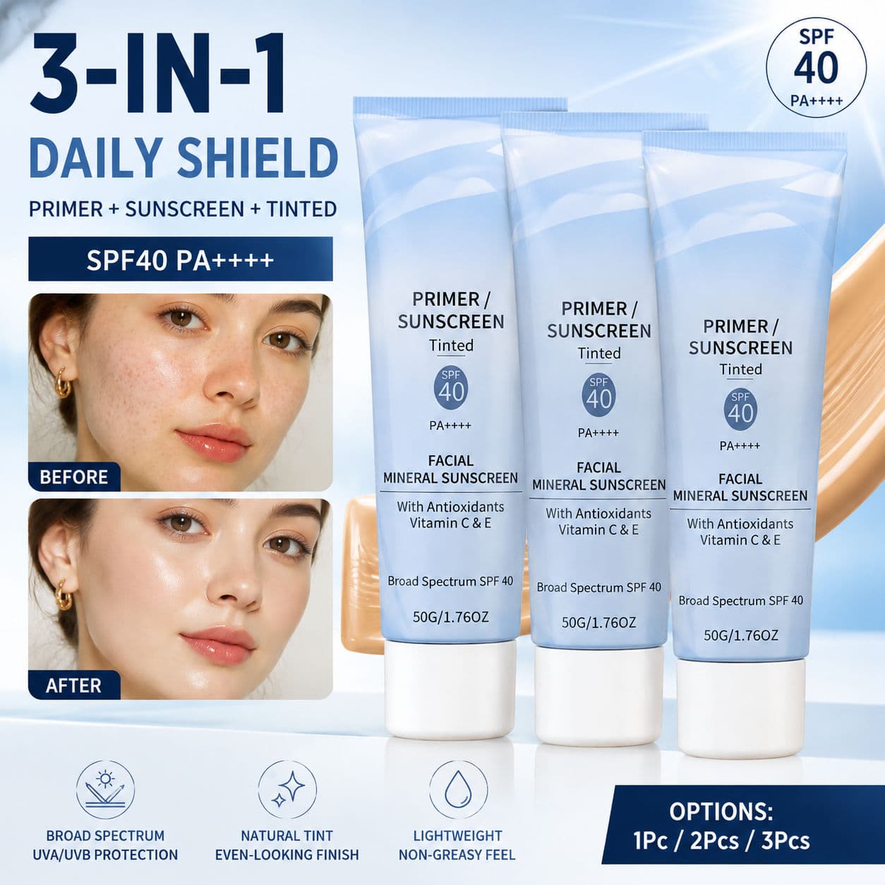 Creme Mineral Protetor Solar 50 g – Proteção UV de Ampla Espectro, Primer de Maquiagem, Protetor Solar Facial Leve