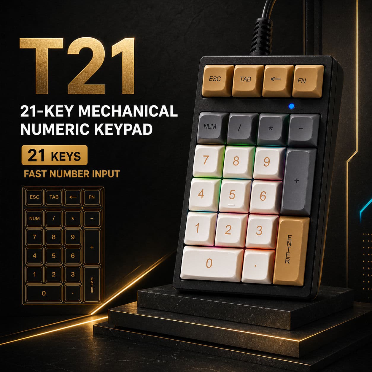 Teclado mecânico T21 teclado para jogos keypad 21 teclas USB com fio LED 9 efeitos de iluminação teclado numérico cabo