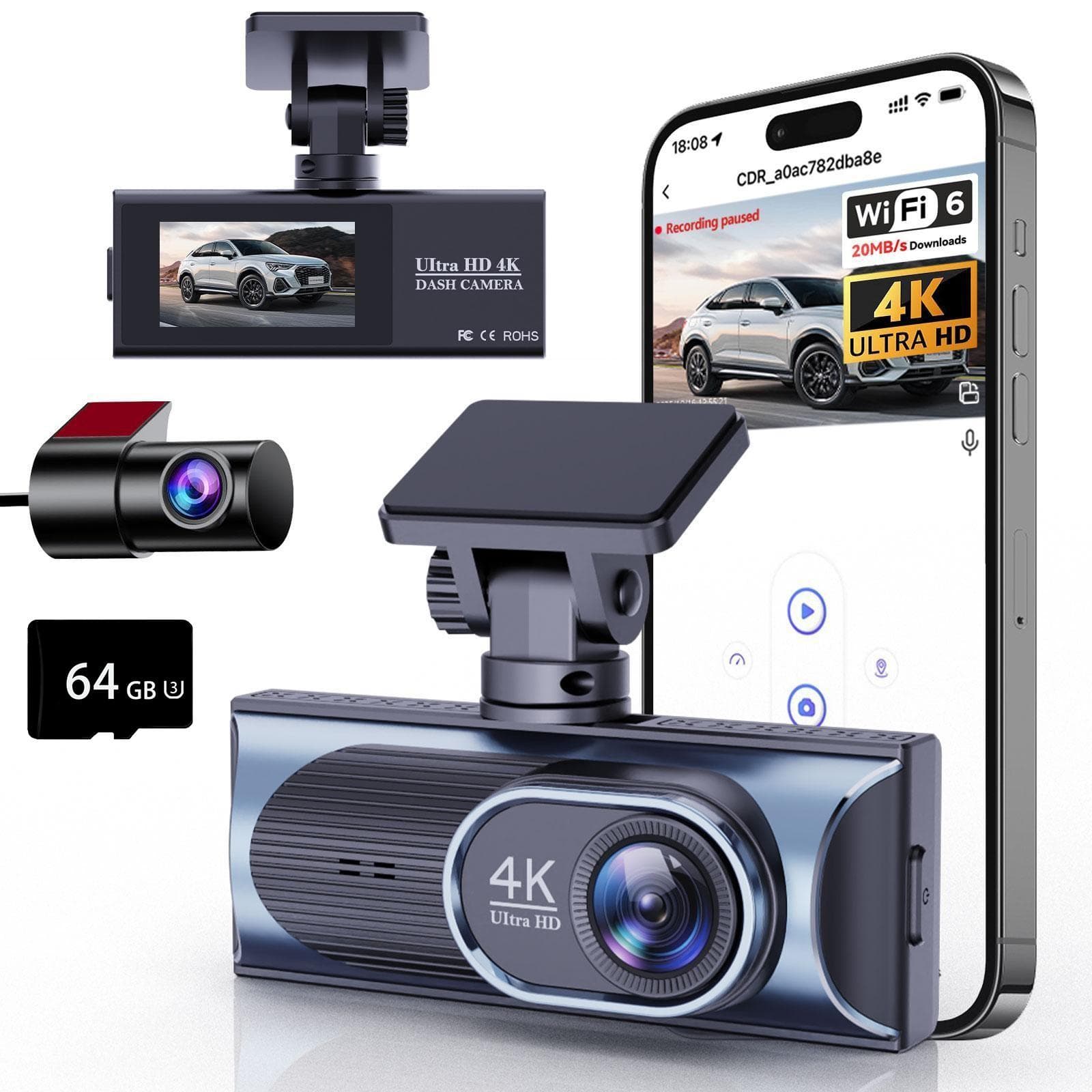Câmera Veicular JCL Dianteira e Traseira: 4K+2K Câmera Veicular para Carros com Tela Sensível ao Toque de 4,8 cm (1,9)