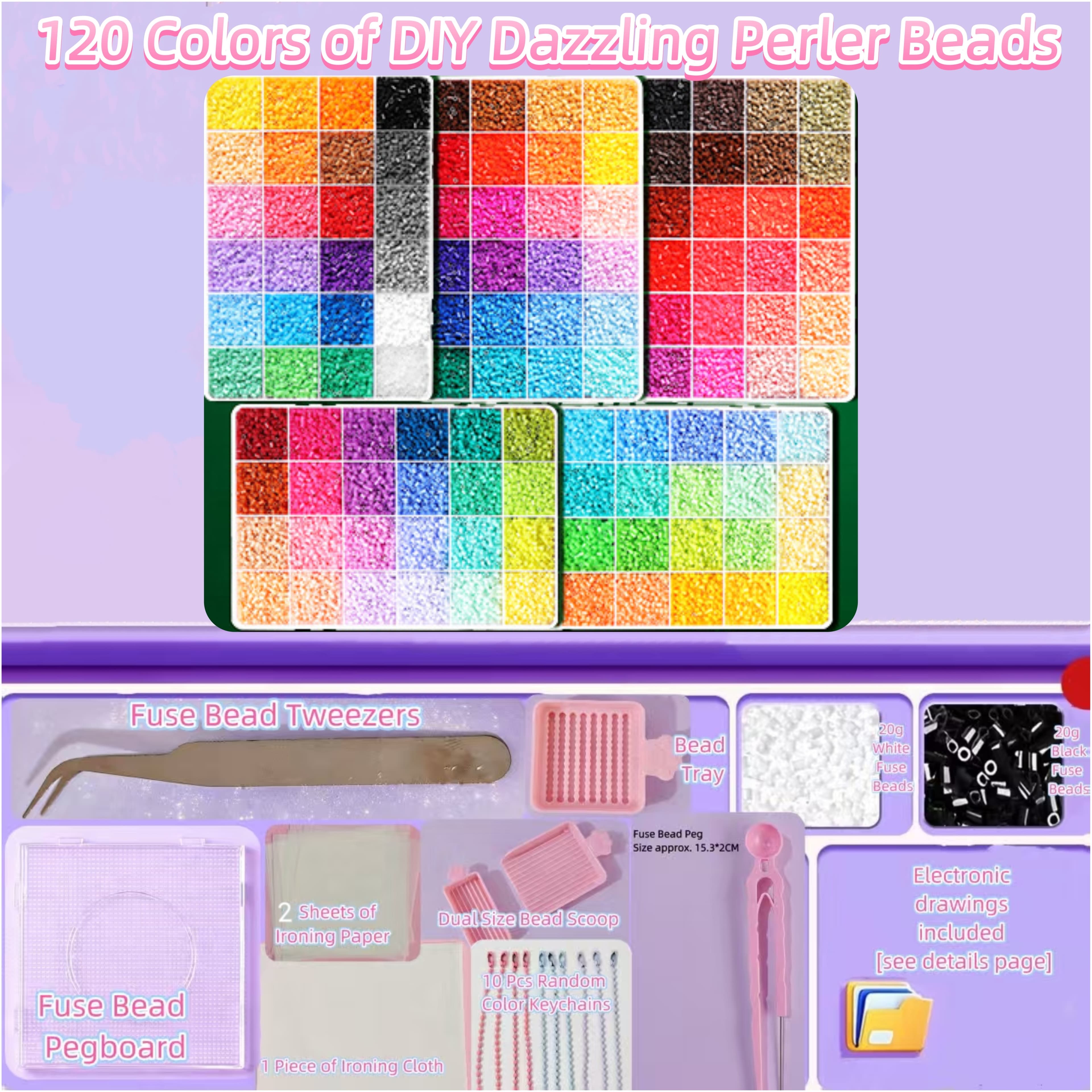 Kit de Miçangas Pixel Craft Fuse Kit de Ferramentas Completo, 120 Cores Vivas Presente de Brincar Feito à Mão DIY para