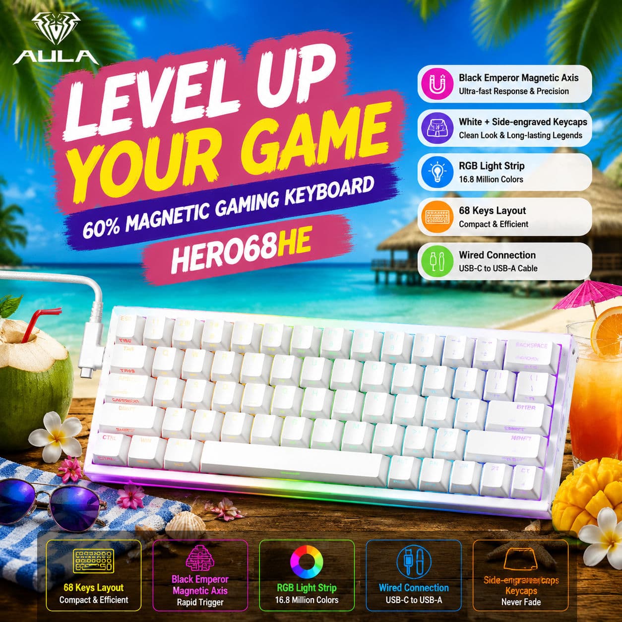 Teclado Mecânico AULA HERO68HE Teclado de Jogos Efeito Hall Interruptor Magnético Acionamento Rápido RGB 68 Teclas FPS