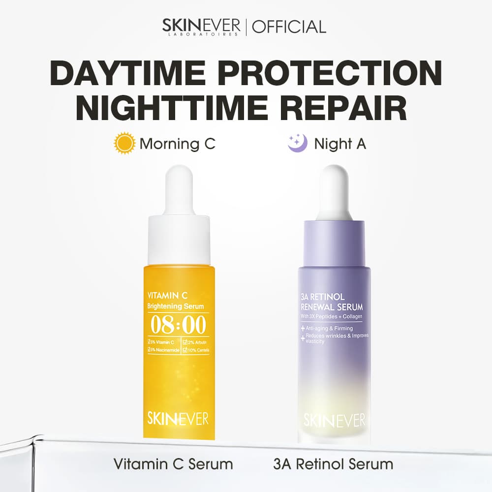 SKINEVER Kit 2 Séruns Faciais dia e noite, Retinol 3A + Vitamina C Brilho, Hidratação, Suavidade