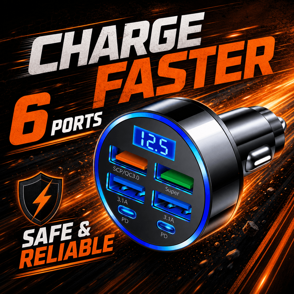 Carregador Veicular 6 em 1: carregamento super rápido, 4 USB, 2 USB-C, multi-portas com monitor de tensão
