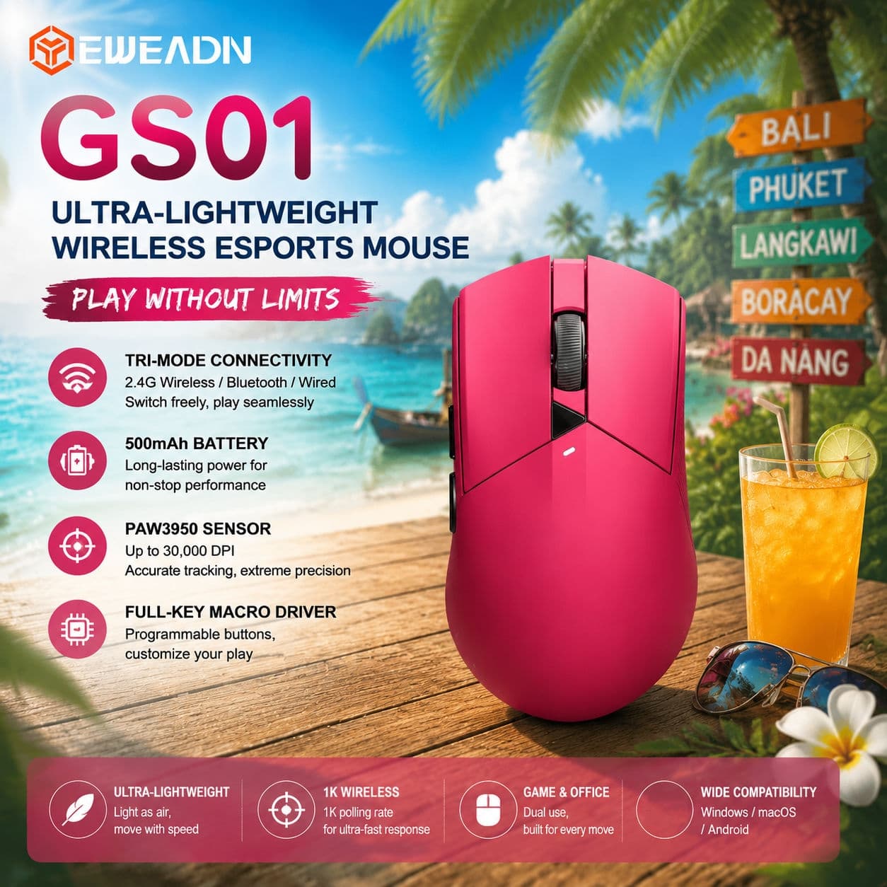 EWEADN GS01 Mouse Gamer Sem Fio Tri-Modo Bluetooth 2.4G/Com Fio Leve Ergonômico para PC e Laptop