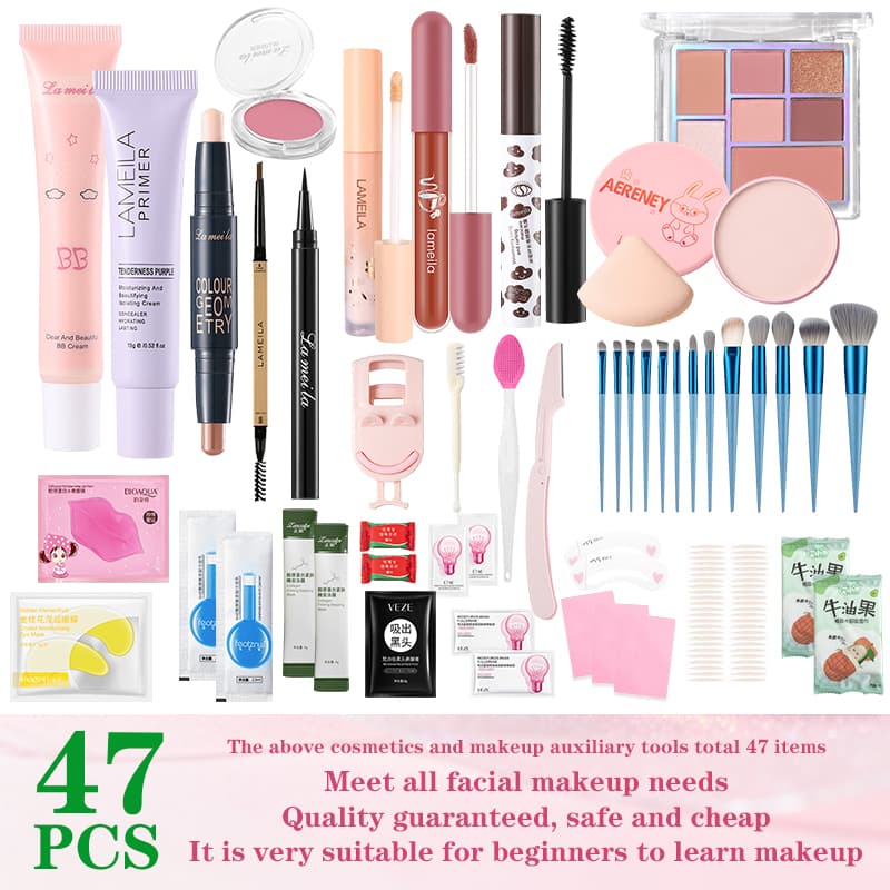  LAMEILA Kit de Maquiagem Completo para Iniciantes 47 Peças - Sombra, Pó, Base Compacta, Pincéis, Batom, Ferramentas