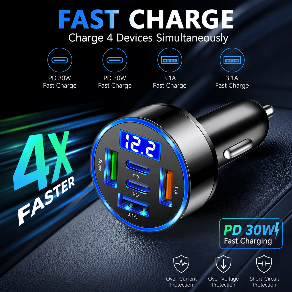 Carregador Veicular 5 Portas, Carregamento Rápido QC3.0, Carregador Multifuncional PD com Display e Tomada Automática