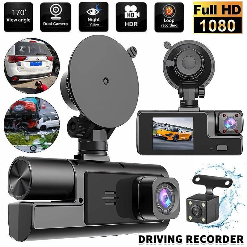 Câmera DVR para carro, frontal 1080P e traseira 480p, visão noturna, tamanho compacto, gravação em loop, sensor de