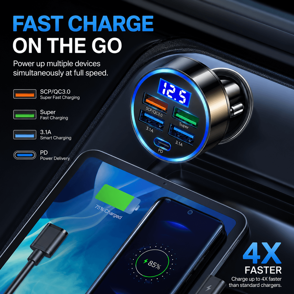 Hub De Carregador De Carro Rápido De 5 Portas Com Display LED , Tipo c Pd E 4 USB , Carregadores