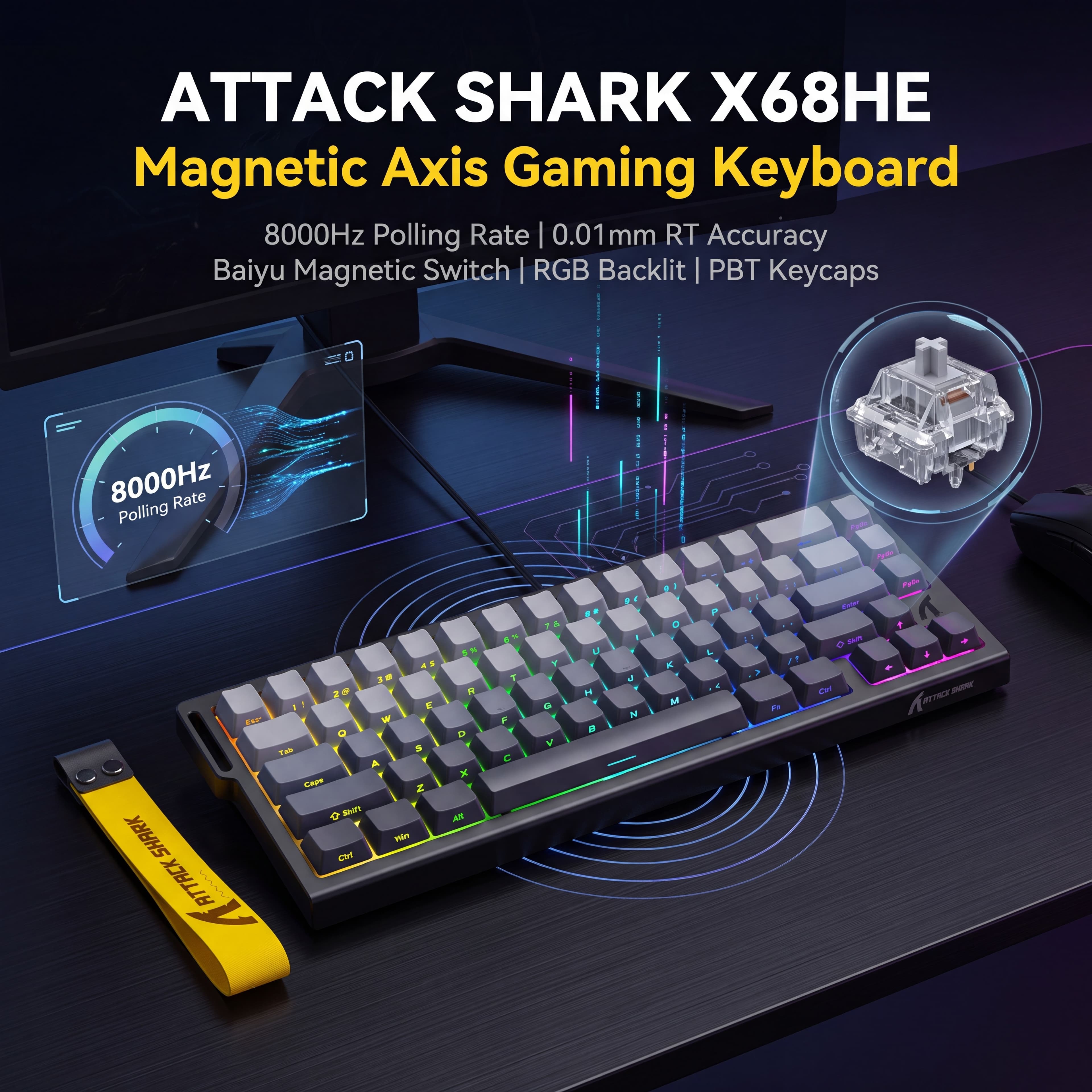 Teclado Mecânico Magnético Attack Shark X68HE, Switch Baiyu, Taxa de Polling de 8000 Hz, Precisão RT de 0,01 mm, Teclado