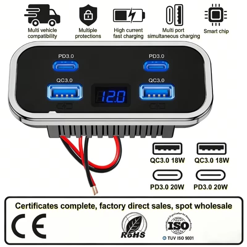 Carregadores USB para Carro 76W Duplos Tipo-C PD Rápido QC3.0 Tomadas de Alimentação de Carregamento Rápido