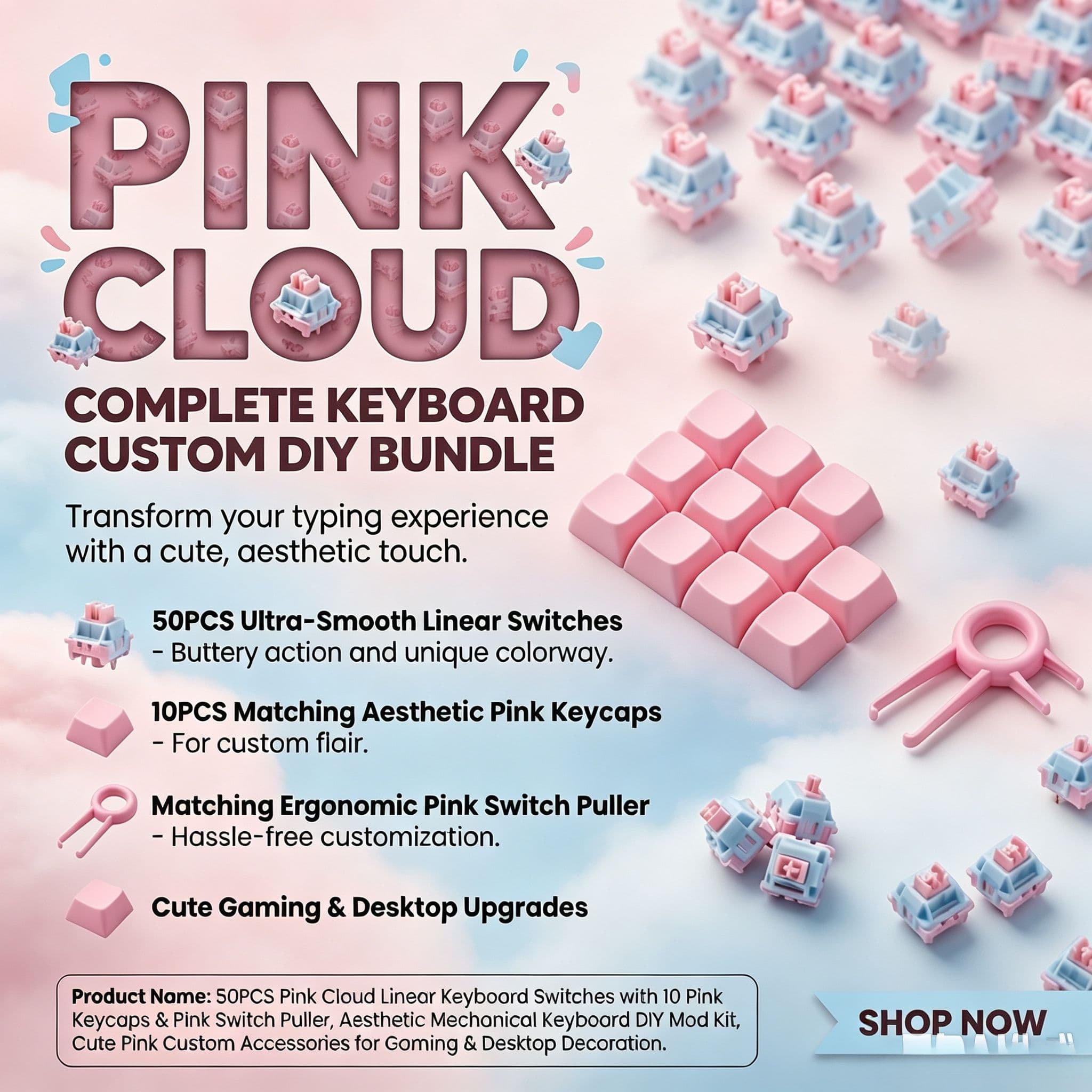 ITLY Pink Cloud Silencioso Teclado Mecânico Linear Kit DIY 50 Peças Interruptor Linear à Prova de Poeira + 10 Teclas