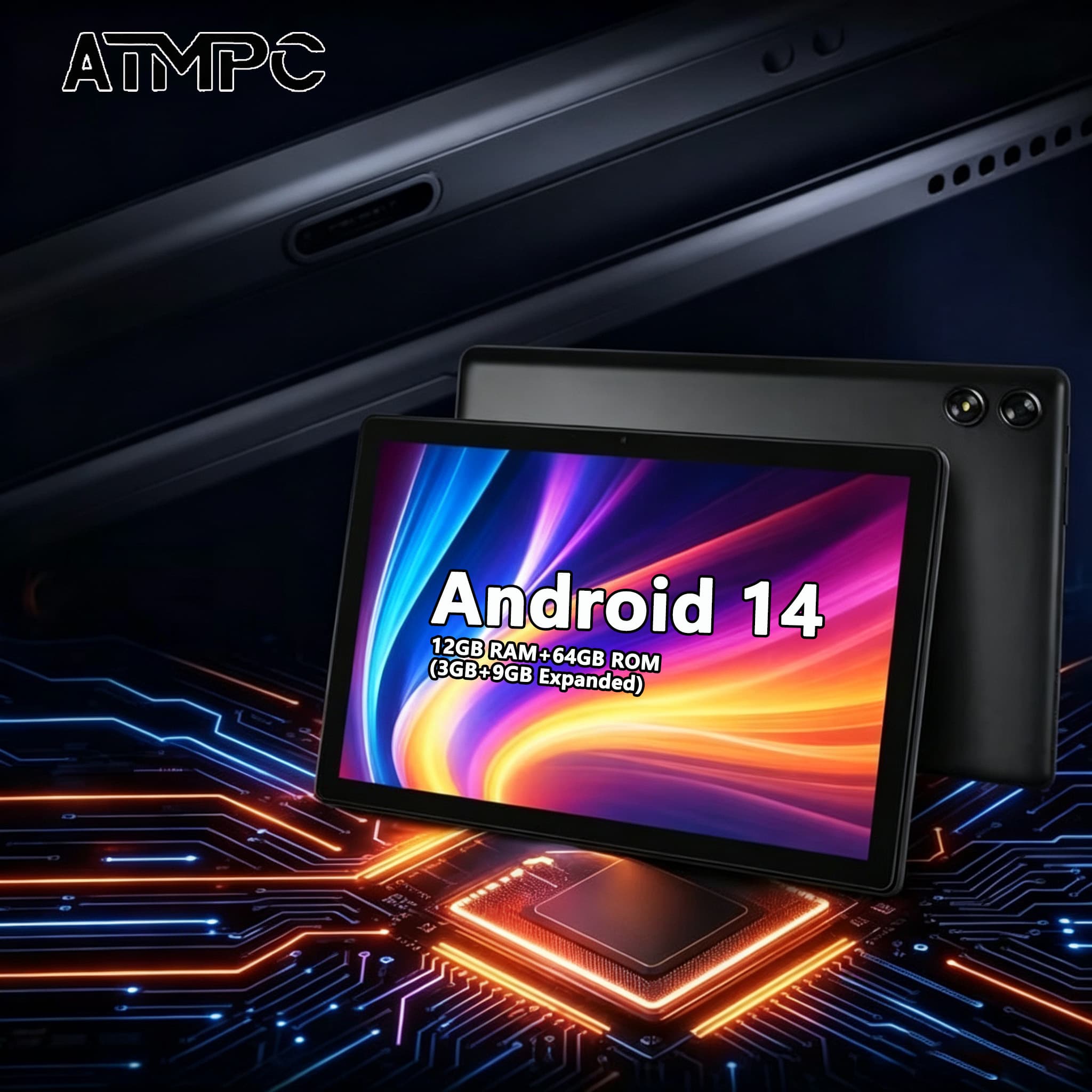 Tablet Android 14 de 10,1 ATMPC, 64 GB de armazenamento, 12 GB de RAM (3+9 expansíveis), tela sensível ao toque IPS HD,