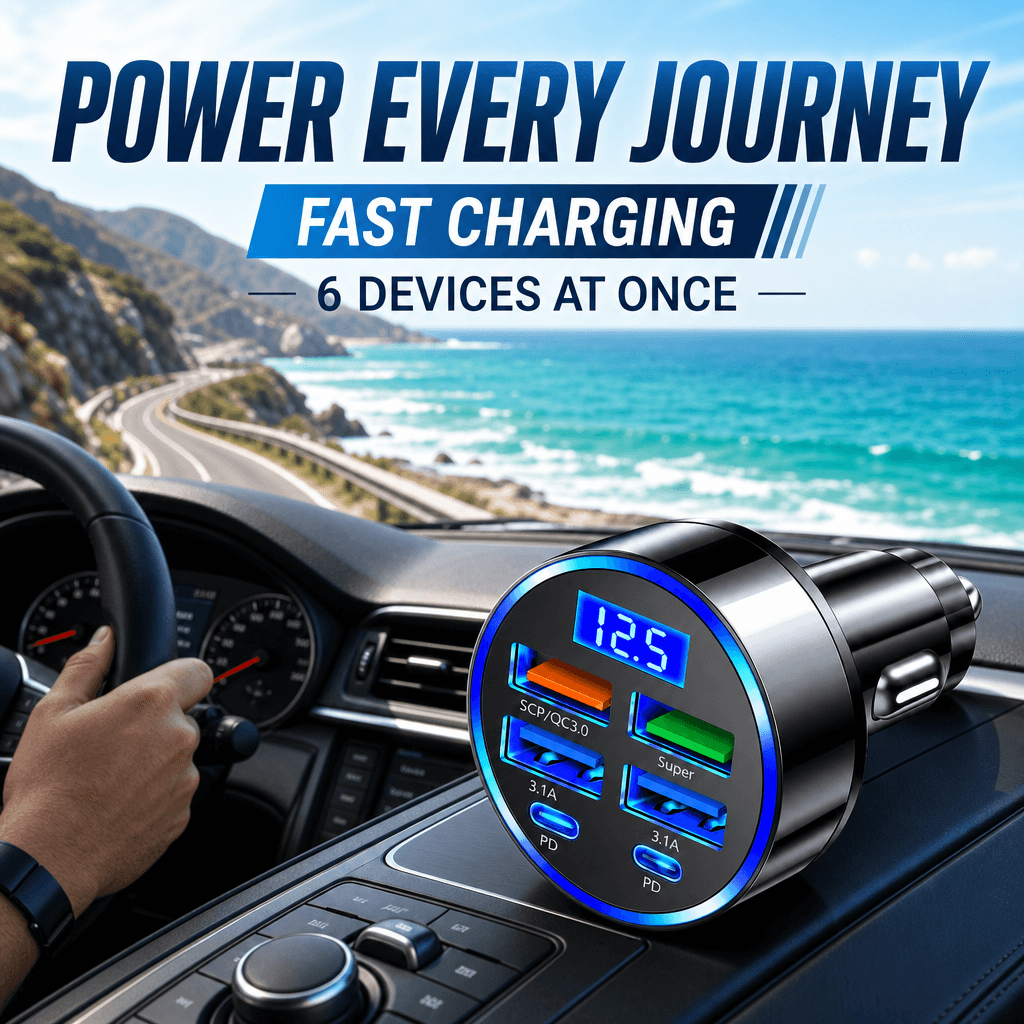 Carregador Veicular 6 Portas com Display Digital 3.1A 4USB QC3.0 PD Type-C e Detecção de Tensão