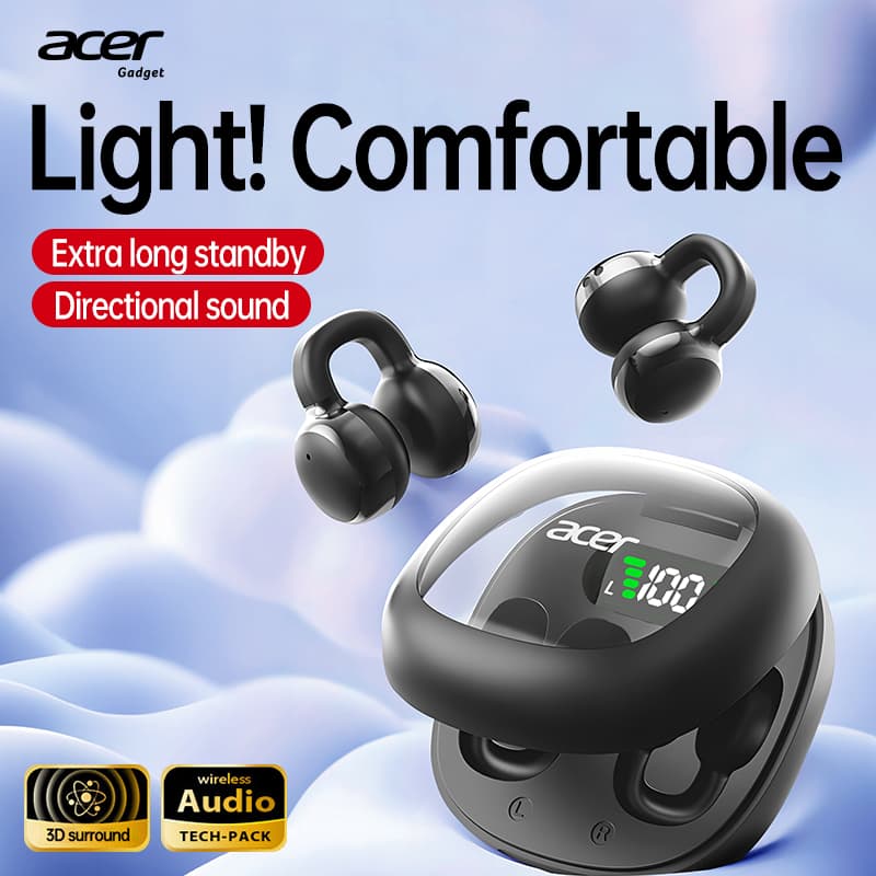 Fones de Ouvido Leves Abertos Acer OHR537, Fones de Ouvido Sem Fio com Clipe Auricular, Fones de Ouvido Bluetooth 5.4,