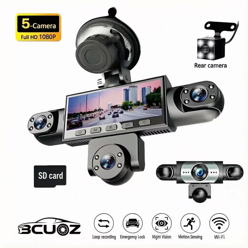 Câmera 360° para carro, 5 canais 1080P HD, Frontal+Traseira+Interna/Esquerda/Direita, Tela HD DVR