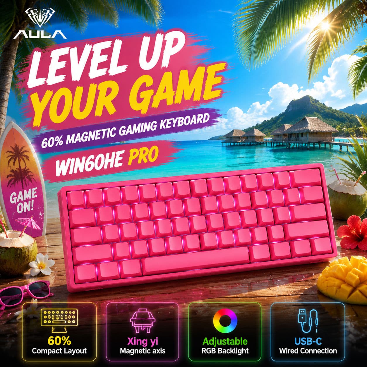 AULA WIN60 HE PRO Xingyi comutador magnético Gatilho rápido Teclado RGB para jogos Teclado mecânico 60% com fio USB PC