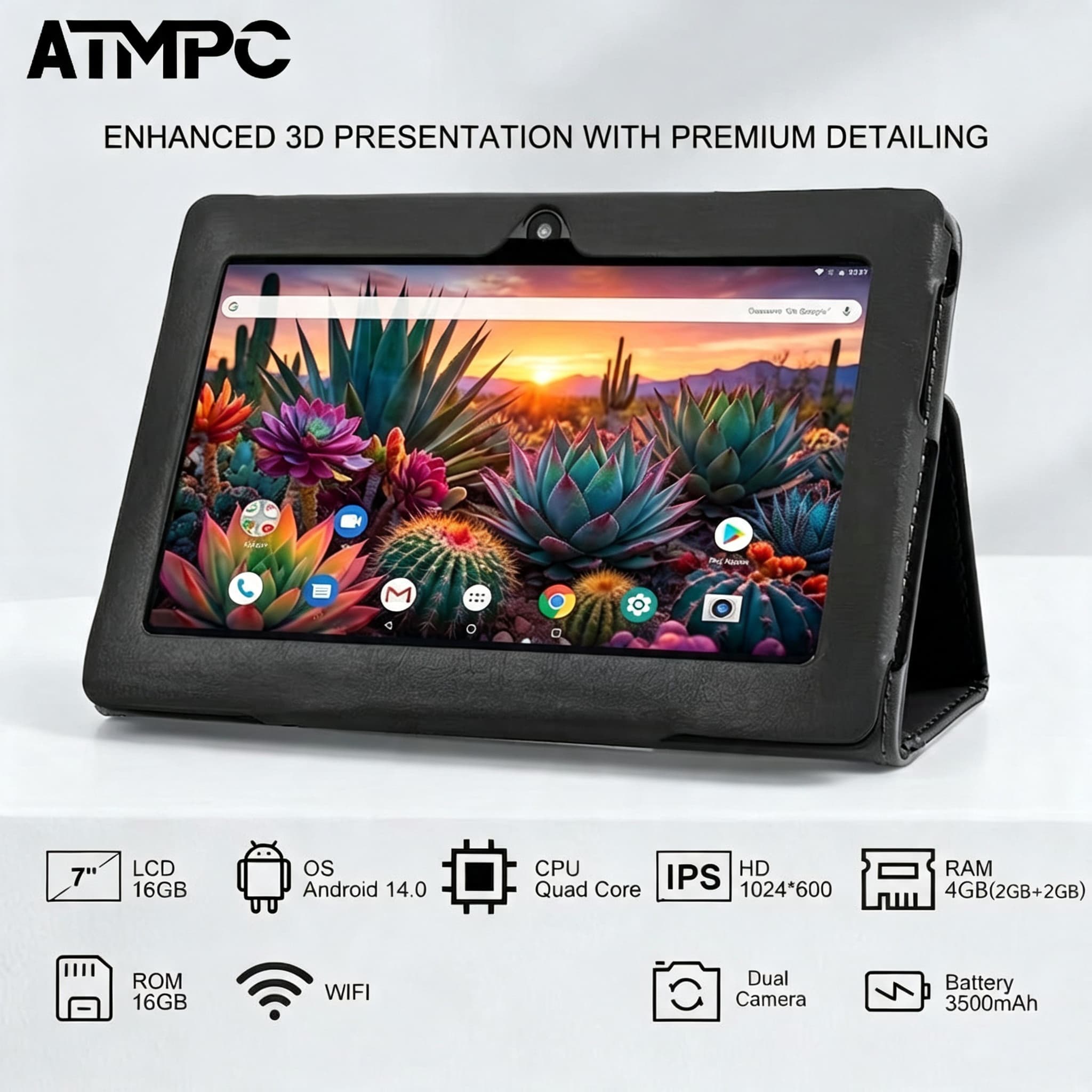 Tablet ATMPC de 7 polegadas com Android 14, portátil, com 16 GB de armazenamento, tela HD IPS e acompanha capa protetora