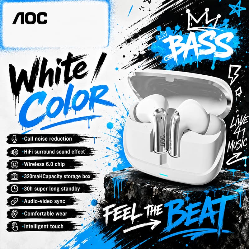 AOC ACT4635 Fones de Ouvido Bluetooth 6.0, Fones de Ouvido, Som Surround de Teatro, 5h de Reprodução (1 fone), Redução