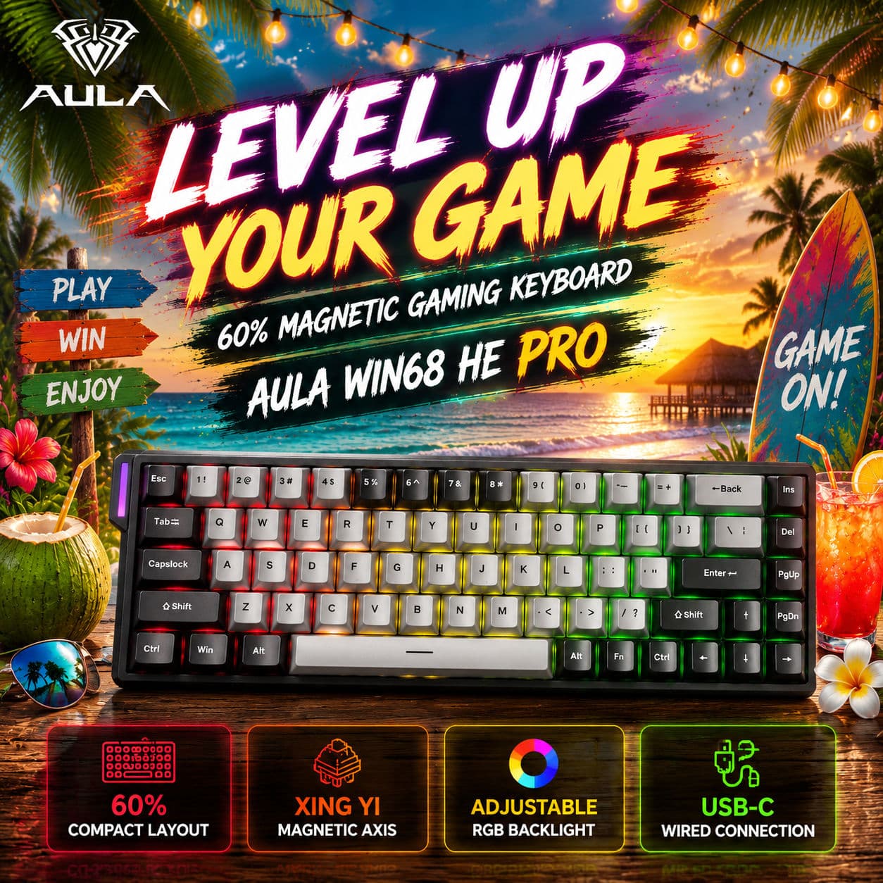 AULA WIN68HE Pro Teclado Magnético de Efeito Hall com Interruptor Magnético Teclado Mecânico para Jogos com Acionamento