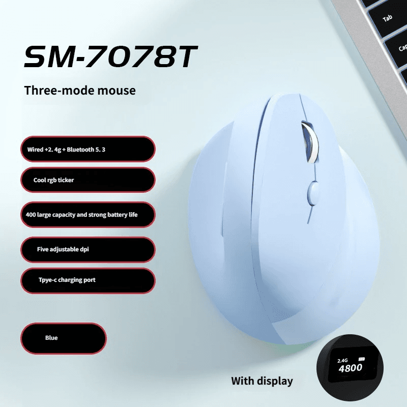 Mouse vertical sem fio ergonômico recarregável com proteção para o pulso, três modos, com fio, Bluetooth, para laptop