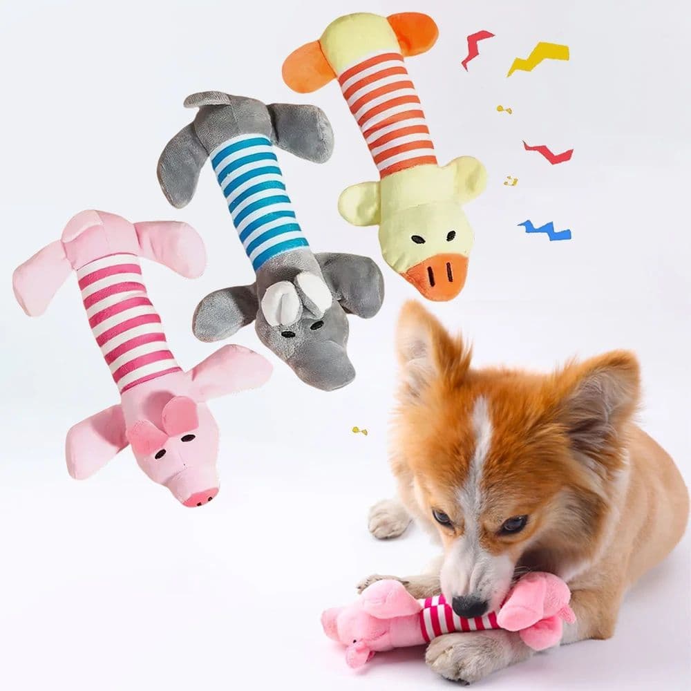 Brinquedo de Pelúcia para Cachorro com Apito, Estampa Listrada, Formas de Porco, Pato e Elefante, Brinquedo para Roer