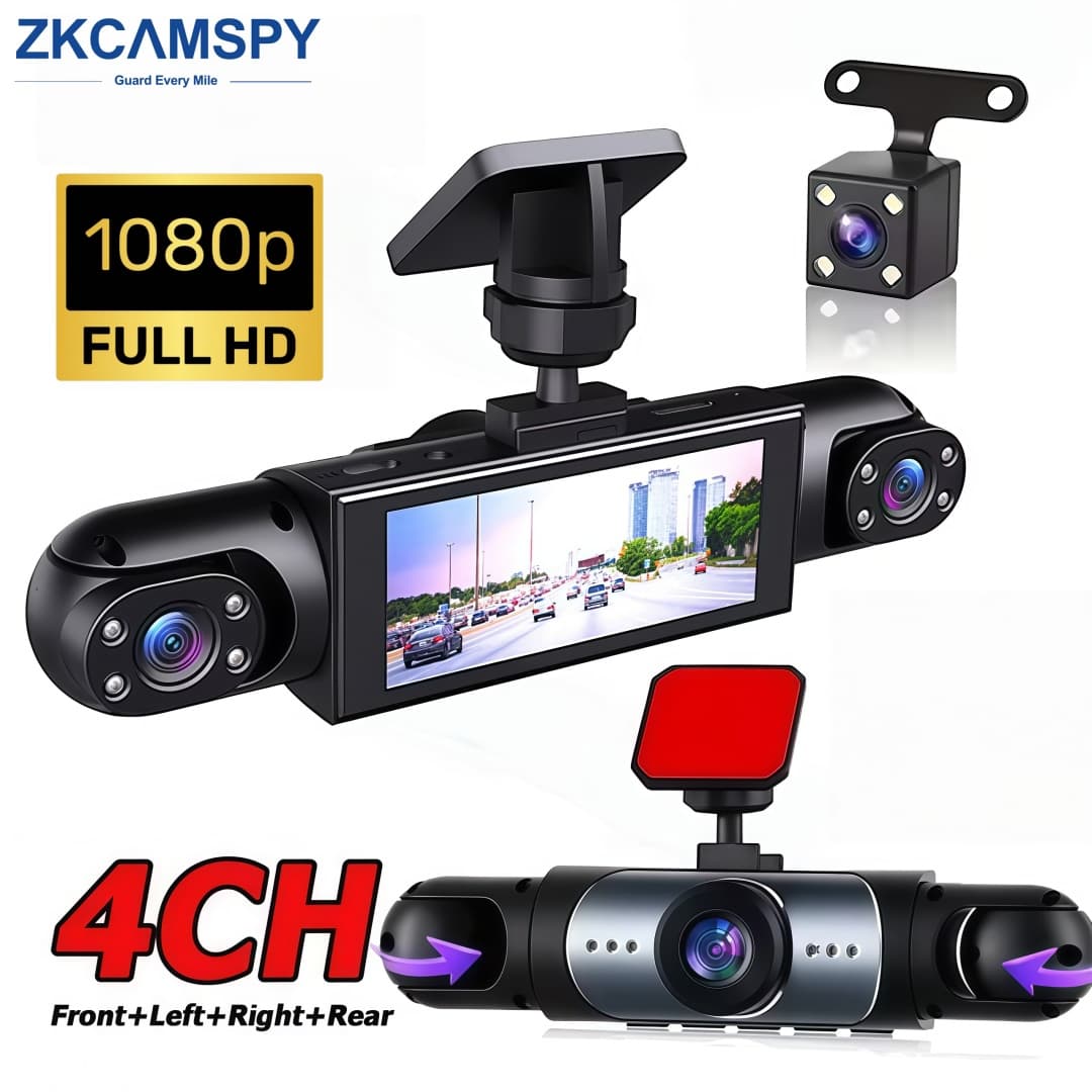 Câmera Veicular 360° 3/4 Lentes Dash Cam HD 1080p DVR Frontal Esquerda Direita Traseira Acessórios para Carros