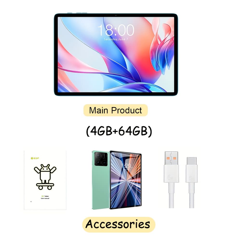Tablet de Aprendizagem 10.1 Android 13 Tablet 4GB RAM 64GB ROM Suporte para Rede Móvel WIFI Bluetooth 6000mAh Tablet de