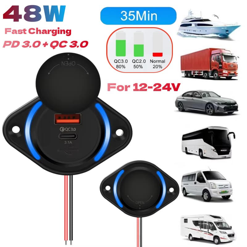 Carregador Veicular Rápido 48W com PD QC 3.0, Tomada Adaptador de Carga Rápida 12V/24V para Carro, Barco, Ônibus e RV