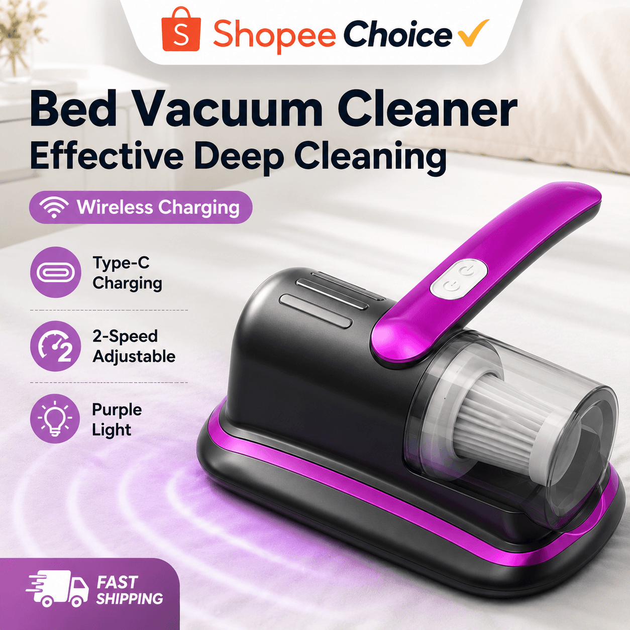 Aspirador De Pó Para Ácaros , Sem Fio , Portátil , Luz UV-C , Ultrassônico , 12KPa , Sucção , Filtro HEPA , Cama , Sofá 