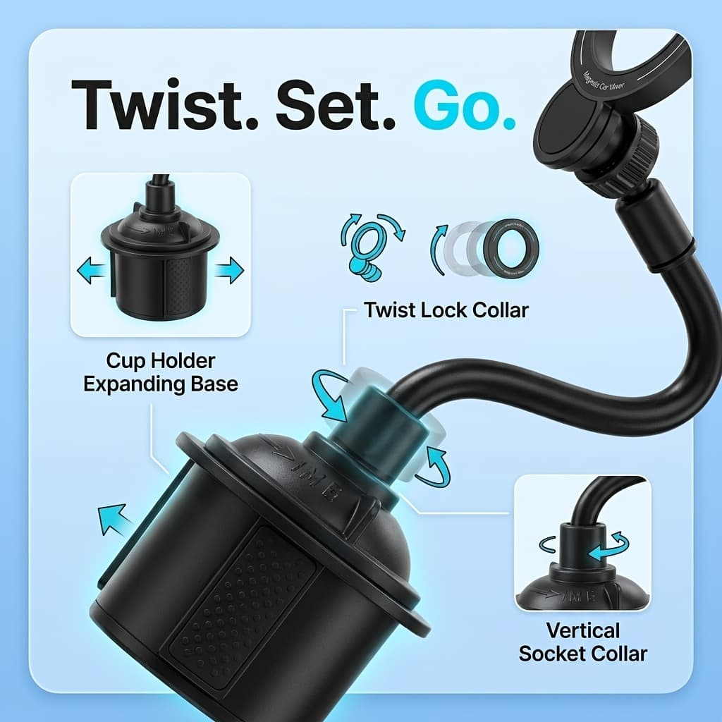 Suporte magnético para celular para carro com haste flexível, base ajustável, anel giratório 360°