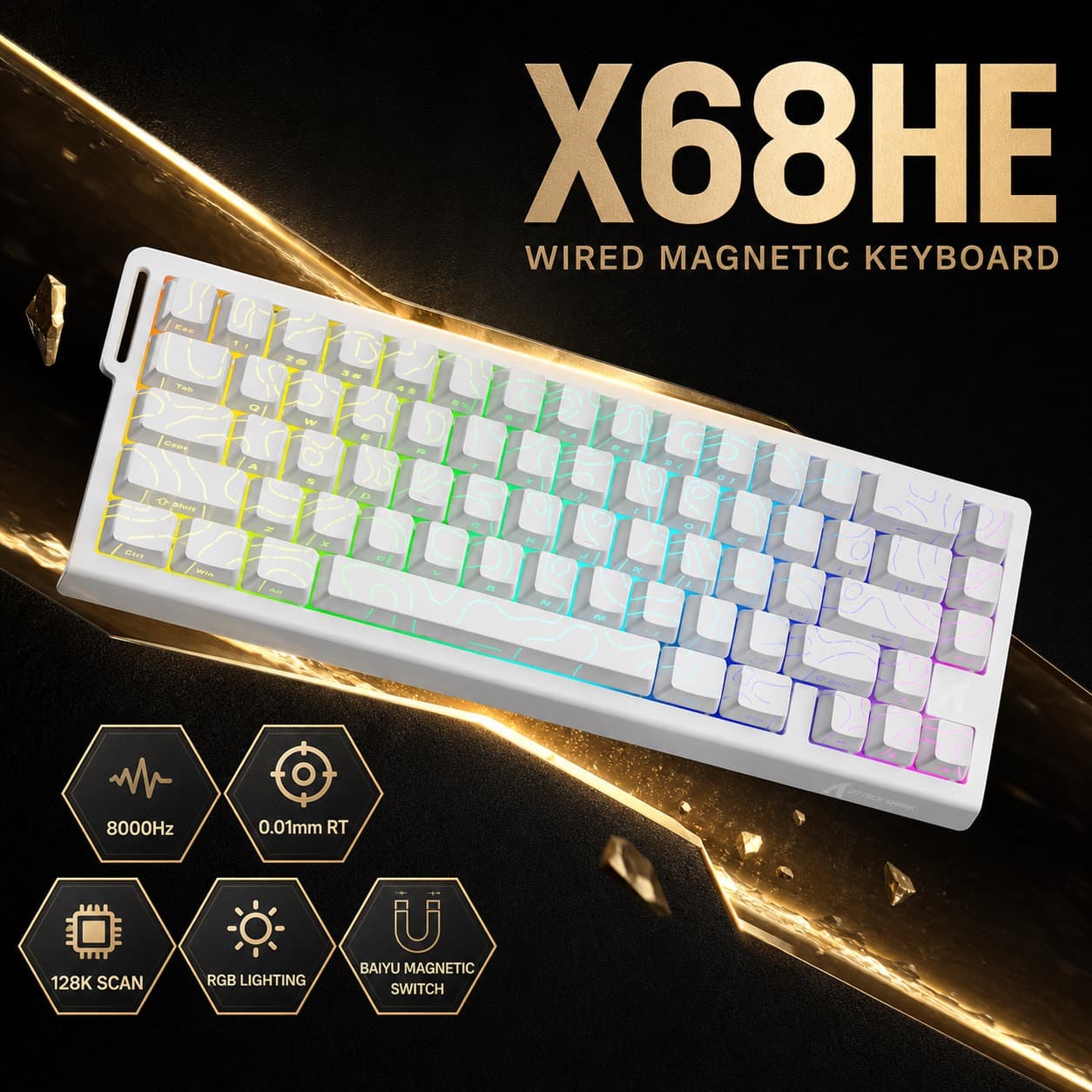 Teclado de jogo ATTACK SHARK X68HE Teclado mecânico Teclado numérico RGB 16M retroiluminado sul-face 128K taxa de